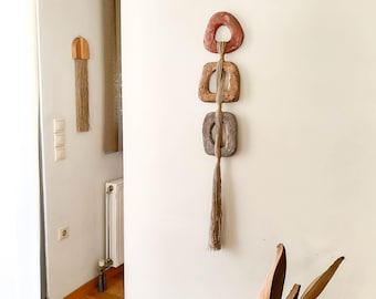 TOTEM - Sculptural Fiber Art with Clay and Hemp, Handmade Painted Wall Sculpture, Earthy Modern