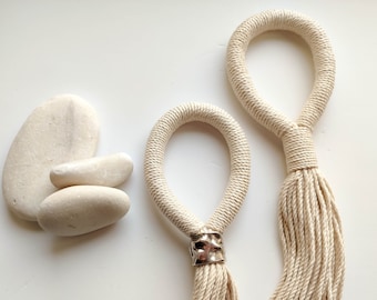 Plain white tassel with metal textured large bead, boho door knob tassel, small decorative wall hanging, fiber art object, neutral home gift