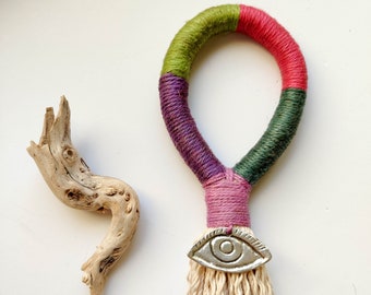 Evil eye big tassel charm, bohemian door knob tassel, decorative wall hanging talisman, fiber art object, colorful sustainable gift for home