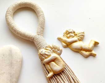 Angel nursery decor, door or wall knob tassel with white and gold clay angels, decorative wall hangings, fiber art object, gift for newborn