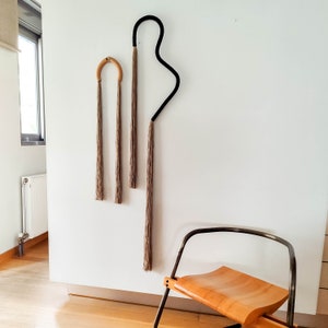 XL black curvy wall art and ceramic like arch wall hanging, modern minimalist fiber art object, unique creative home decor accent, set of 2