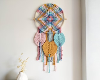 Multicolored circular macrame wall hanging, macraweave with leaves, modern handwoven wall tapestry, unique wall decor, over bed