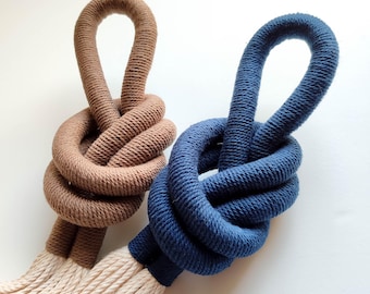 Overhead knot wall hanging, hand wrapped cotton rope, neutral modern wall art, minimalist fiber sculpture, unique artisan handmade