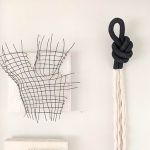 Black macrame decorative knot, modern minimalist wall hanging art, handmade artisan wall decoration, fibre art object, unique home gifts image 2