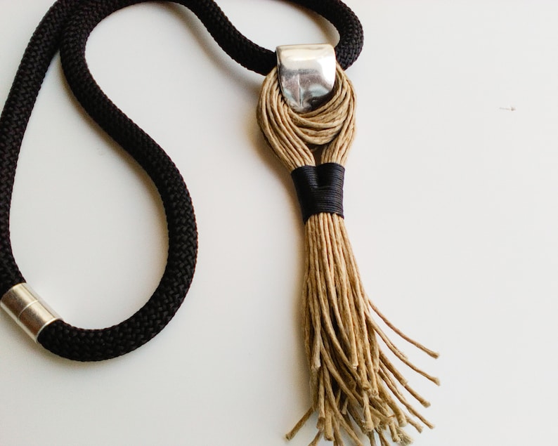 Black Rope Tassel Necklace Long Boho Textile Necklace Etsy
