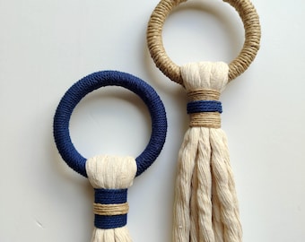 Handmade door knob tassel, small wall hanging, nautical decorative fiber art object