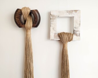 Decorative wooden wall hanging set of 2, chunky carved ring and hollow square with long hemp fringe, modern creative fiber wall sculpture,