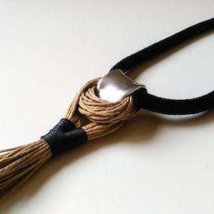 Black rope tassel necklace, long boho textile necklace, statement fiber jewelry, artisan handmade gift for her, anniversary birthday present