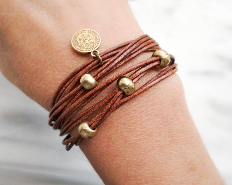 Leather Double Wrap Bracelet for Women Brown Leather and Coin Etsy