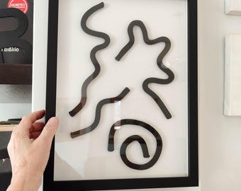Modern framed wall art, 3D black rope sculpture on canvas, minimalist abstract artwork