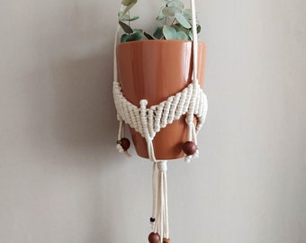 Makramowy wieszak na rośliny, średniej wielkości wisząca doniczka na ścianę i sufit, koralikowy uchwyt na rośliny w stylu boho, styl retro vintage z lat 70., wyjątkowy prezent do domu