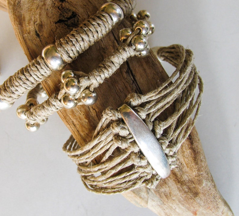 Multistrand Hemp Cord Bracelet With Large Silver Bead Wide Etsy