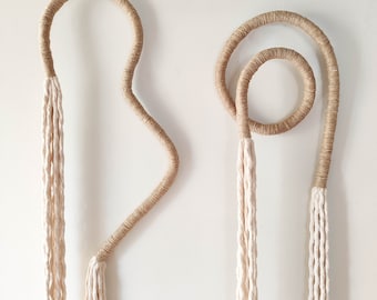 XL curvy and spiral wall hanging art, modern minimalist fiber art object, unique creative home decor accent, set of 2