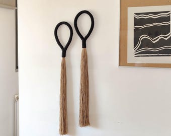 XL black wall hanging tassel, sculptural wall art, decorative art object, neutral sustainable, handcrafted home decor, artisan fiber gifts