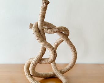 Minimalist interlocking loop hemp sculpture - Abstract organic fiber art object for modern shelf styling