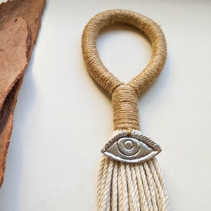 Evil eye big tassel charm, bohemian door knob tassel, decorative wall hanging talisman, fibre art object, neutral sustainable gift for home