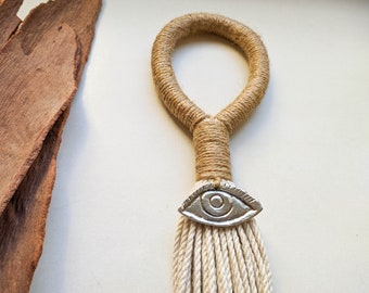 Evil eye big tassel charm, bohemian door knob tassel, decorative wall hanging talisman, fibre art object, neutral sustainable gift for home