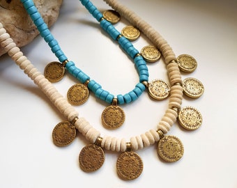 Woman leather necklace with gold coin charms, layered stacking beaded necklace, ethnic gypsy disc jewelry, gifts for her, trendy beach boho