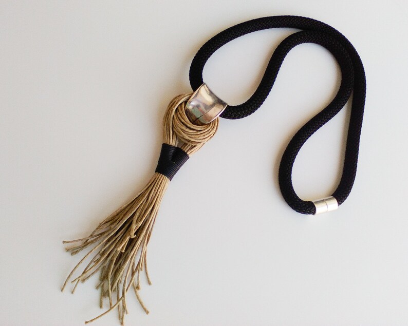 Black Rope Tassel Necklace Long Boho Textile Necklace Etsy
