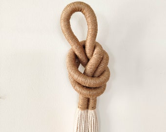 Overhead knot wall hanging, hand wrapped jute and cotton cord, modern wall art, minimalist soft wall sculpture, unique artisan handmade