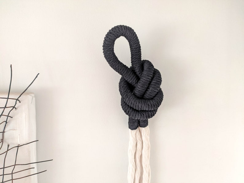Black macrame decorative knot, modern minimalist wall hanging art, handmade artisan wall decoration, fibre art object, unique home gifts image 5