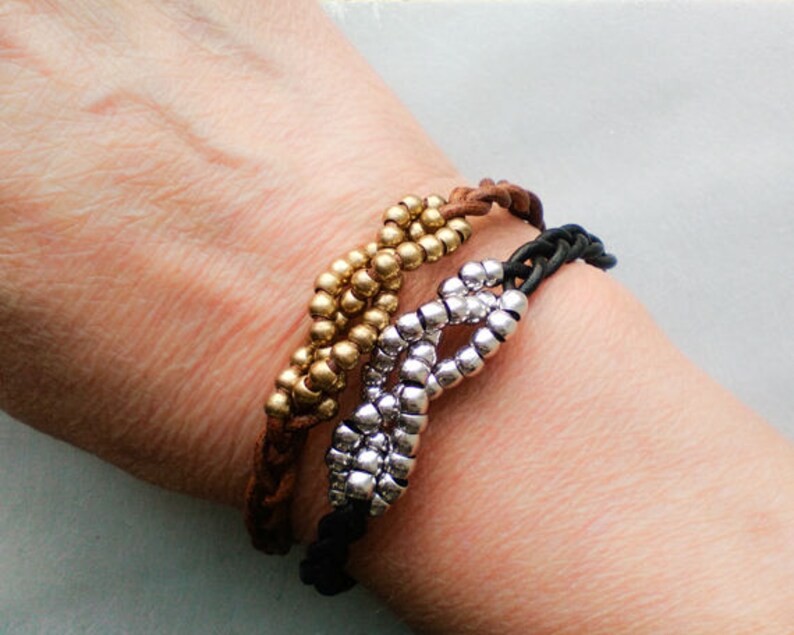 Woven leather bracelet for women beaded leather brown wrap Etsy