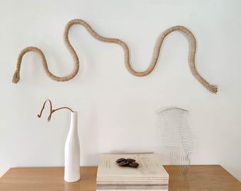 Wide rope art, horizontal fiber sculpture, minimalist landscape decor for above sofa, neutral handmade