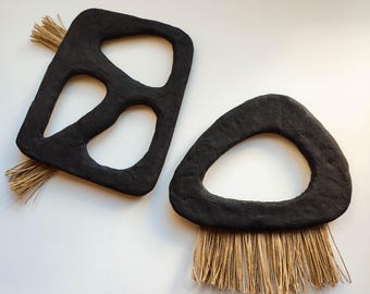 Abstract Paper Clay Wall Sculptures with Hemp Fringe, Black Organic Sculptural Art, Handmade Modern Minimalist Set of 2