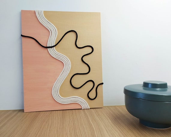 Abstract Textured Mid-century Rope Art on Canvas Panel, Unframed