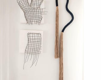 Squiggle wall art, wrapped wall hanging, modern minimalist black wall curve, wavy fiber art object, unique handmade gifts for the home