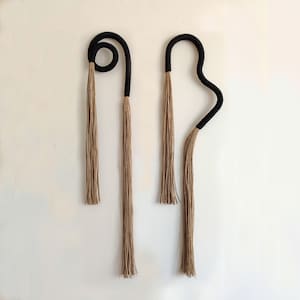 Può includere: Due arazzi da parete realizzati con corda nera e nappe in fibra naturale. La corda è formata in forme astratte, una un cerchio e l'altra una linea curva.