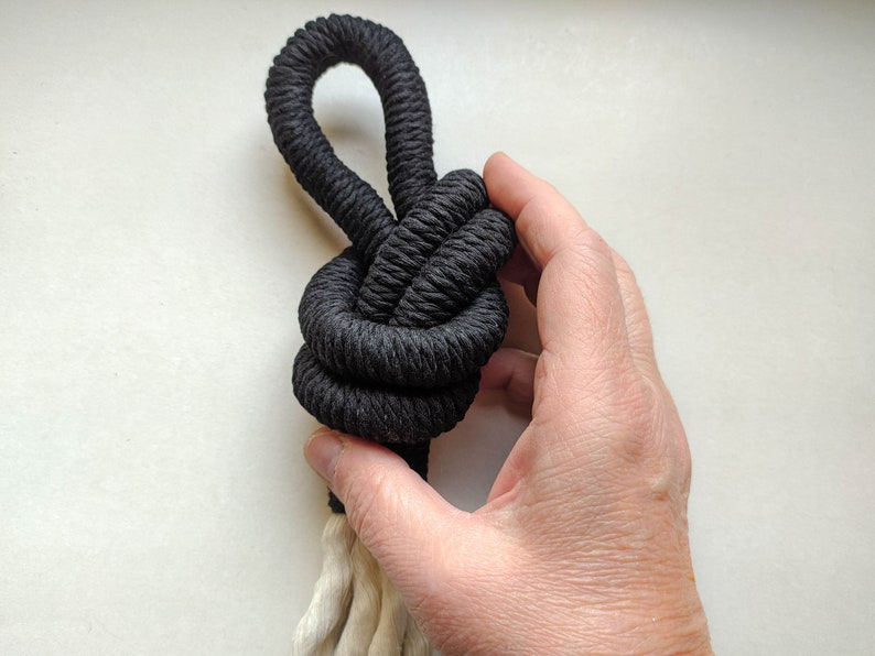 Black macrame decorative knot, modern minimalist wall hanging art, handmade artisan wall decoration, fibre art object, unique home gifts image 8