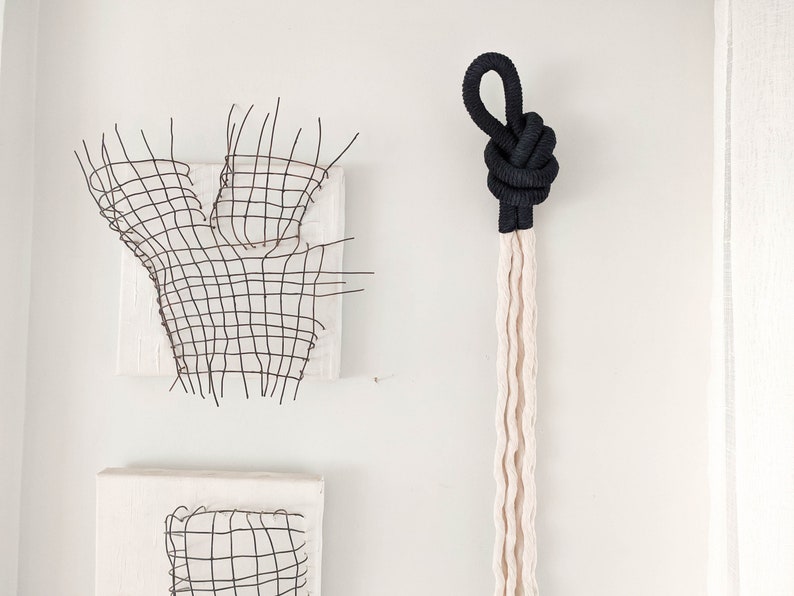 Black macrame decorative knot, modern minimalist wall hanging art, handmade artisan wall decoration, fibre art object, unique home gifts image 1