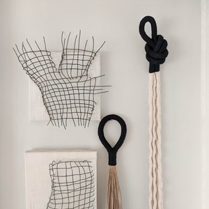 Black macrame decorative knot, modern minimalist wall hanging art, handmade artisan wall decoration, fibre art object, unique home gifts image 6
