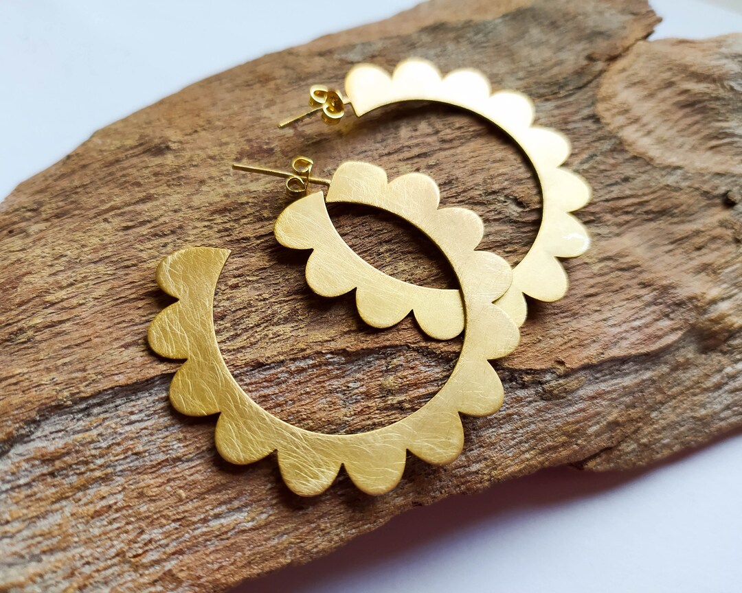 Large Flower Hoop Earrings Gold Brass Scalloped Open Hoops Etsy