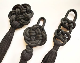 Set of three black knot tassels, decorative rope art wall hanging, Celtic button knot, Celtic square knot, double Josephine knot, fiber art