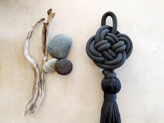 Large Macrame Black Knot Tassel, Decorative Rope Art Wall Hanging