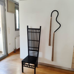 XL black wavy wall art, squiggle wrapped wall hanging, modern minimalist wavy fiber art object, unique sustainable handmade home decor