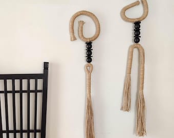 Modern rope art, minimalist fiber hanging decor, interior abstract wall sculpture with wooden details