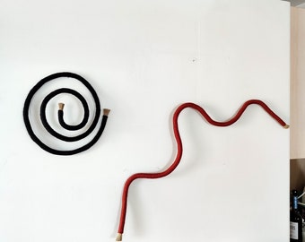 Spiral and curvy wall art, wrapped wall hanging, modern minimalist squiggle wall decor, wavy art object, unique handmade gifts for the home