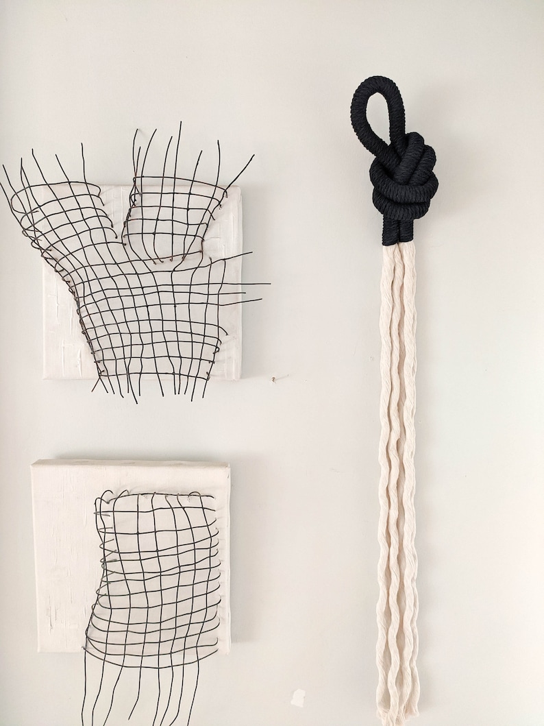 Black macrame decorative knot, modern minimalist wall hanging art, handmade artisan wall decoration, fibre art object, unique home gifts image 3