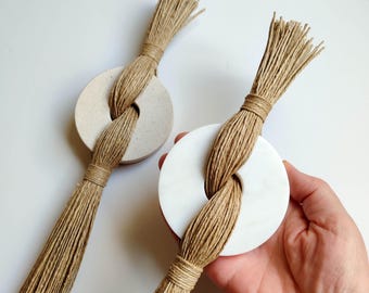 Decorative wall hanging with marble and hemp twine, minimalist fiber sculpture, modern wall decor accents, handmade gifts for home