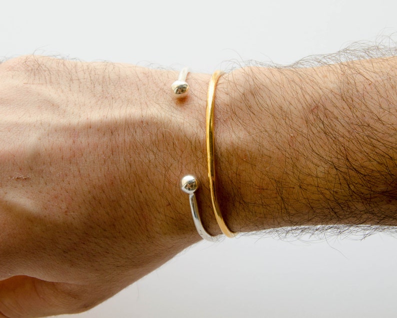 Men cuff bracelet with ball bead ends, men women metal open cuff , silver gold unisex, anniversary birthday gifts for him, modern simple 