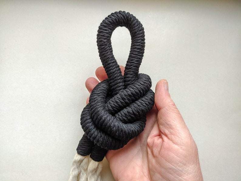 Black macrame decorative knot, modern minimalist wall hanging art, handmade artisan wall decoration, fibre art object, unique home gifts image 9