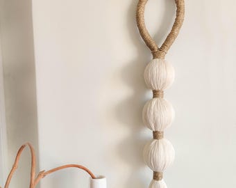 Boho Neutral Wall Hanging Tassel, Minimal Fiber Art with Cotton Wrapped Balls
