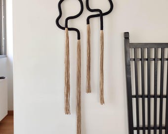 Abstract fiber wall sculpture, minimalist line art, squiggly decor, curved wall hangings, set of 2