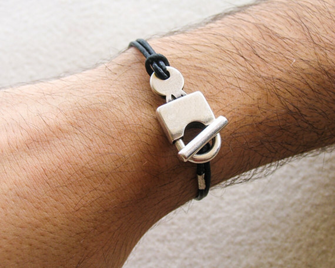 Leather lock wrap bracelet for men padlock bracelet black Etsy