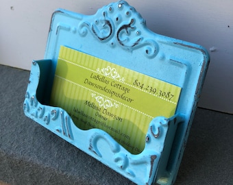 Business Card Holder, Shabby Chic Card Holder, Aqua Blue Business Card Holder, Home and Garden Decor