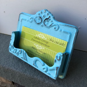 Business Card Holder, Shabby Chic Card Holder, Aqua Blue Business Card Holder, Home and Garden Decor