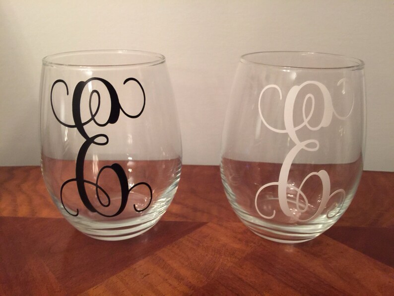Monogram Stemless Wine Glass Vinyl Lettering Set of 2 Wine Etsy